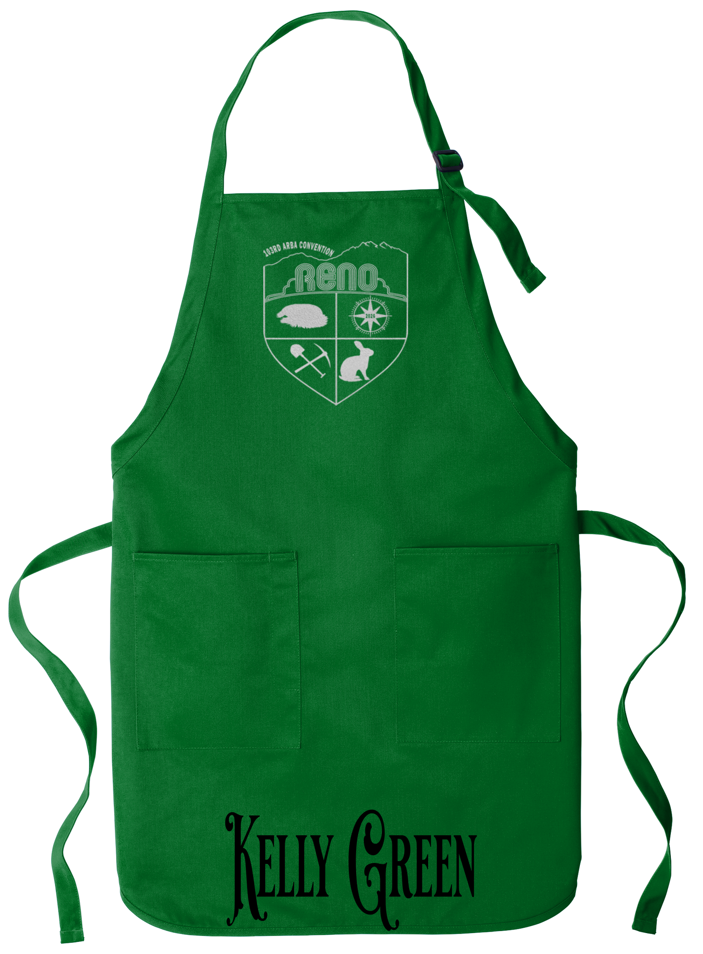 Kelly Green apron with the Biggest Little Reunion crest in metallic silver - a rabbit, a cavy, a pick and shovel, and a compass under the Reno arch. 103rd ARBA Convention.