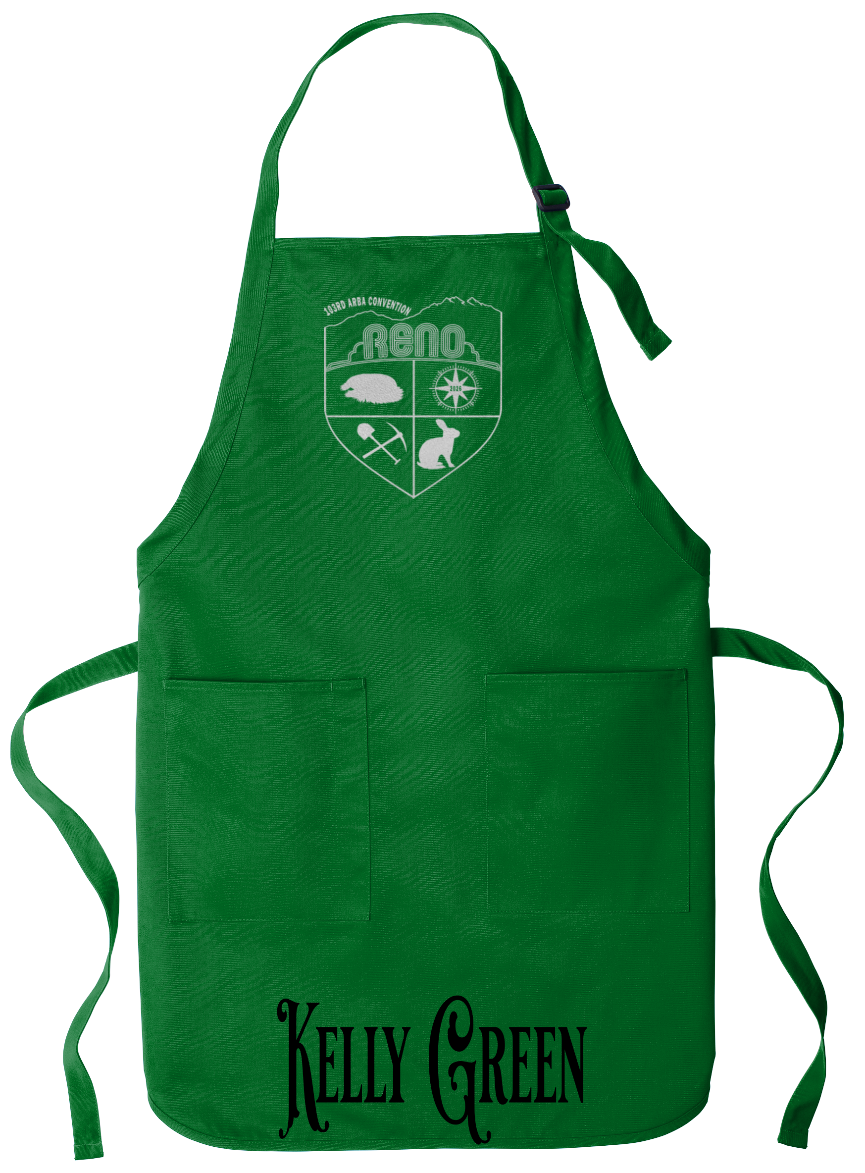 Kelly Green apron with the Biggest Little Reunion crest in metallic silver - a rabbit, a cavy, a pick and shovel, and a compass under the Reno arch. 103rd ARBA Convention.