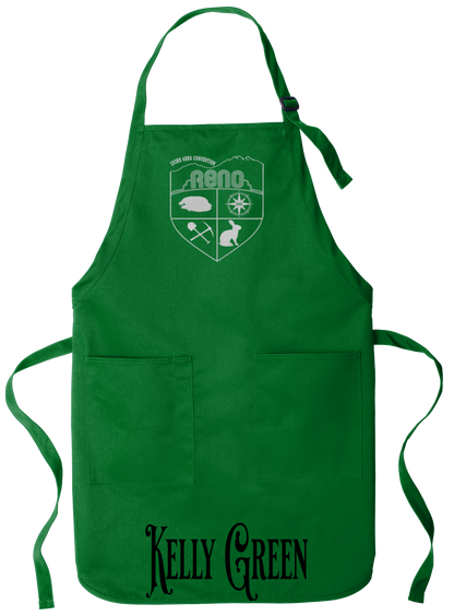 Kelly Green apron with the Biggest Little Reunion crest in metallic silver - a rabbit, a cavy, a pick and shovel, and a compass under the Reno arch. 103rd ARBA Convention.