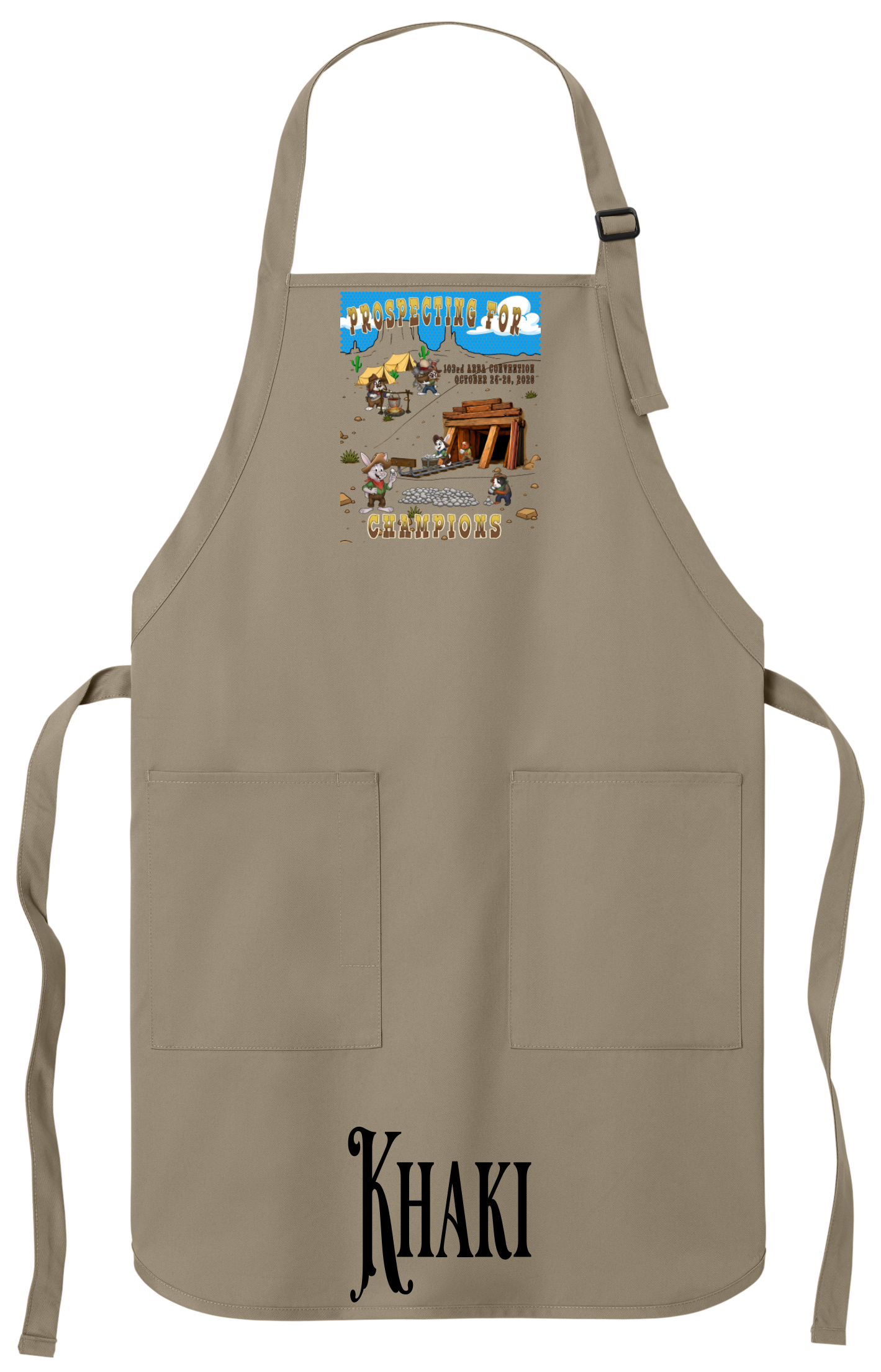 Khaki apron with the Prospecting for Champions design on the bib, showing cartoon rabbit and cavy prospectors working a silver claim. 103rd ARBA Convention, Reno.