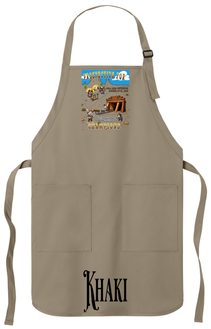 Khaki apron with the Prospecting for Champions design on the bib, showing cartoon rabbit and cavy prospectors working a silver claim. 103rd ARBA Convention, Reno.