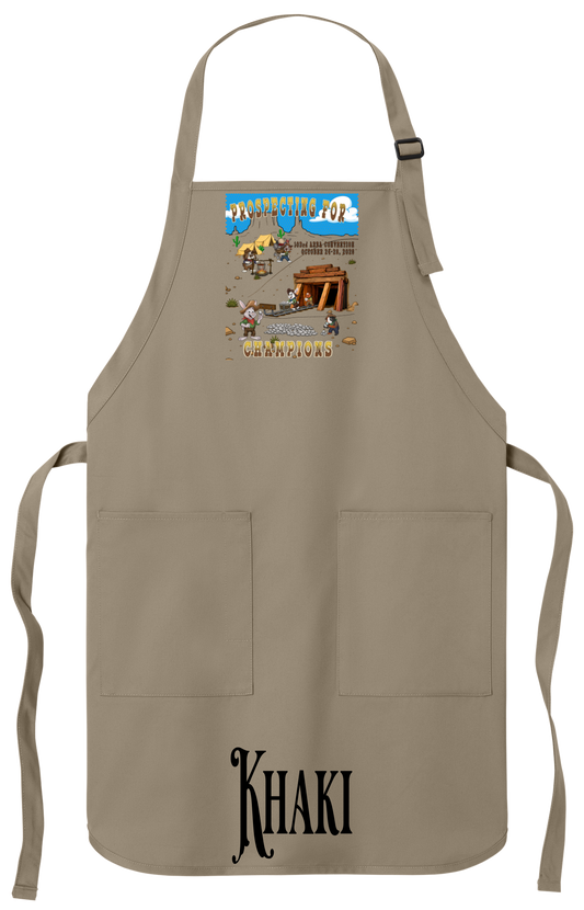 Khaki apron with the Prospecting for Champions design on the bib, showing cartoon rabbit and cavy prospectors working a silver claim. 103rd ARBA Convention, Reno.