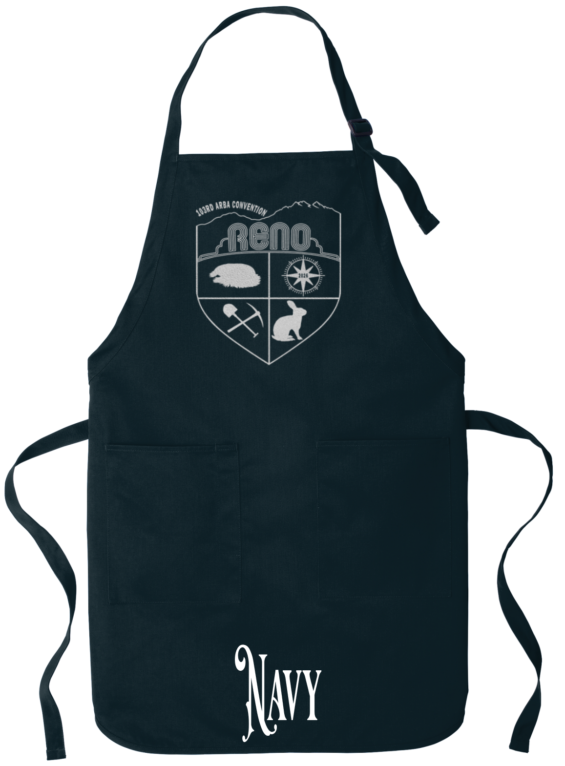 Navy apron with the Biggest Little Reunion crest in metallic silver - a rabbit, a cavy, a pick and shovel, and a compass under the Reno arch. 103rd ARBA Convention.