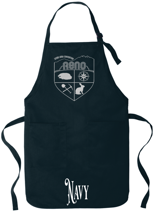 Navy apron with the Biggest Little Reunion crest in metallic silver - a rabbit, a cavy, a pick and shovel, and a compass under the Reno arch. 103rd ARBA Convention.