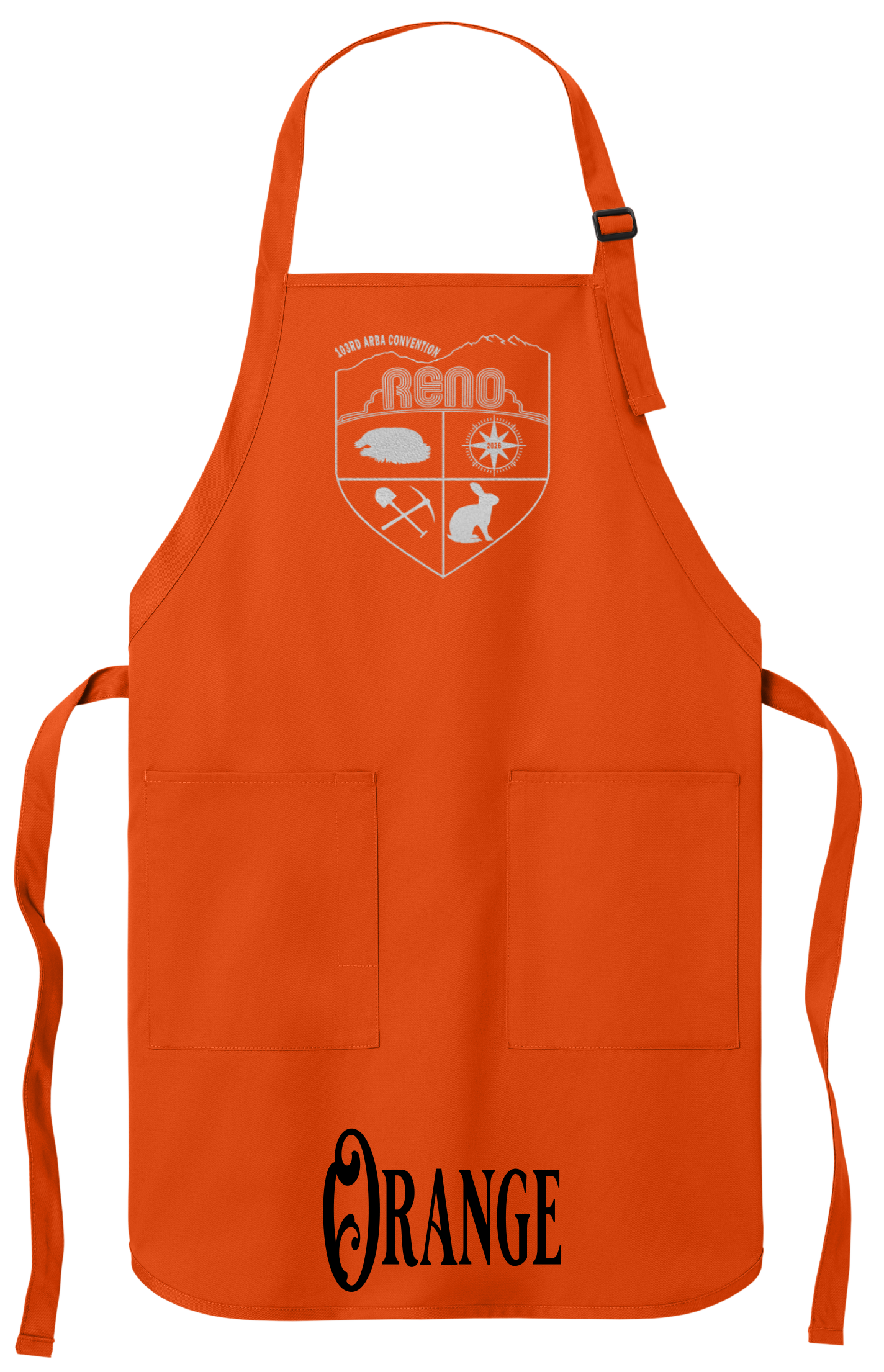Orange apron with the Biggest Little Reunion crest in metallic silver - a rabbit, a cavy, a pick and shovel, and a compass under the Reno arch. 103rd ARBA Convention.