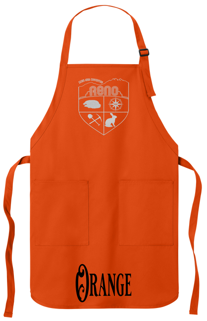 Orange apron with the Biggest Little Reunion crest in metallic silver - a rabbit, a cavy, a pick and shovel, and a compass under the Reno arch. 103rd ARBA Convention.
