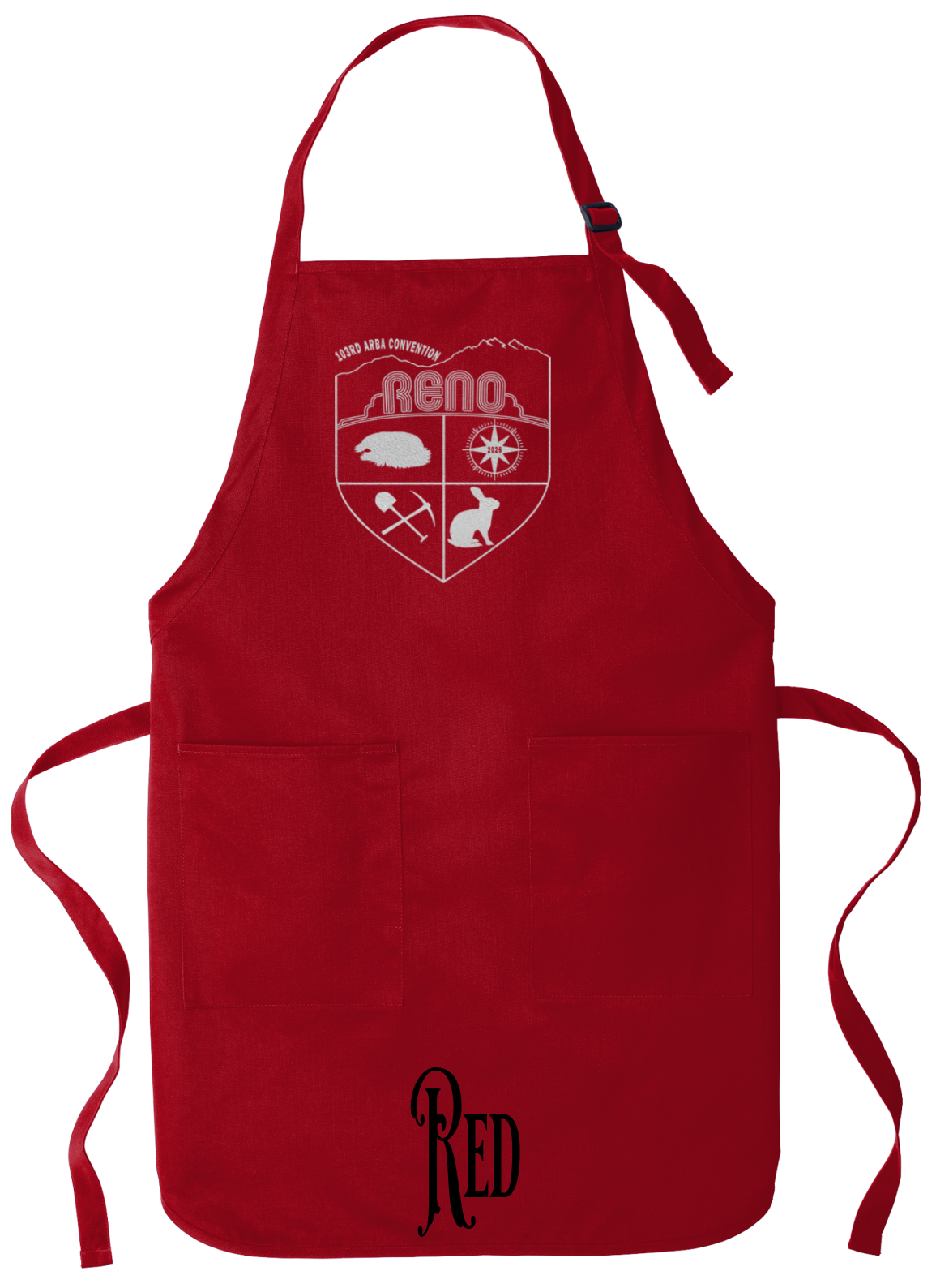 Red apron with the Biggest Little Reunion crest in metallic silver - a rabbit, a cavy, a pick and shovel, and a compass under the Reno arch. 103rd ARBA Convention.