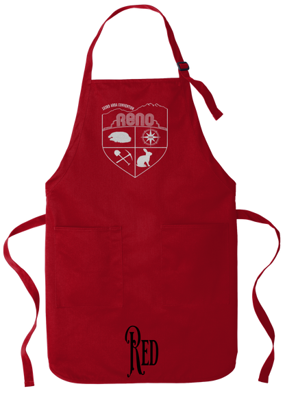 Red apron with the Biggest Little Reunion crest in metallic silver - a rabbit, a cavy, a pick and shovel, and a compass under the Reno arch. 103rd ARBA Convention.
