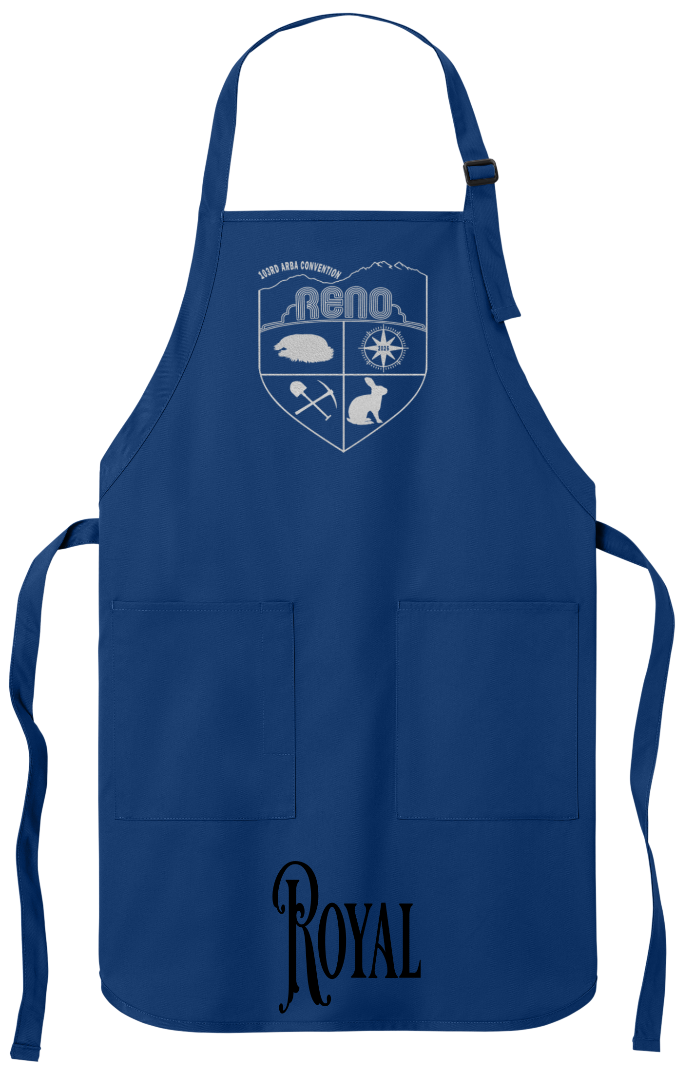 Royal apron with the Biggest Little Reunion crest in metallic silver - a rabbit, a cavy, a pick and shovel, and a compass under the Reno arch. 103rd ARBA Convention.