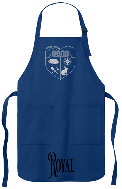 Royal apron with the Biggest Little Reunion crest in metallic silver - a rabbit, a cavy, a pick and shovel, and a compass under the Reno arch. 103rd ARBA Convention.