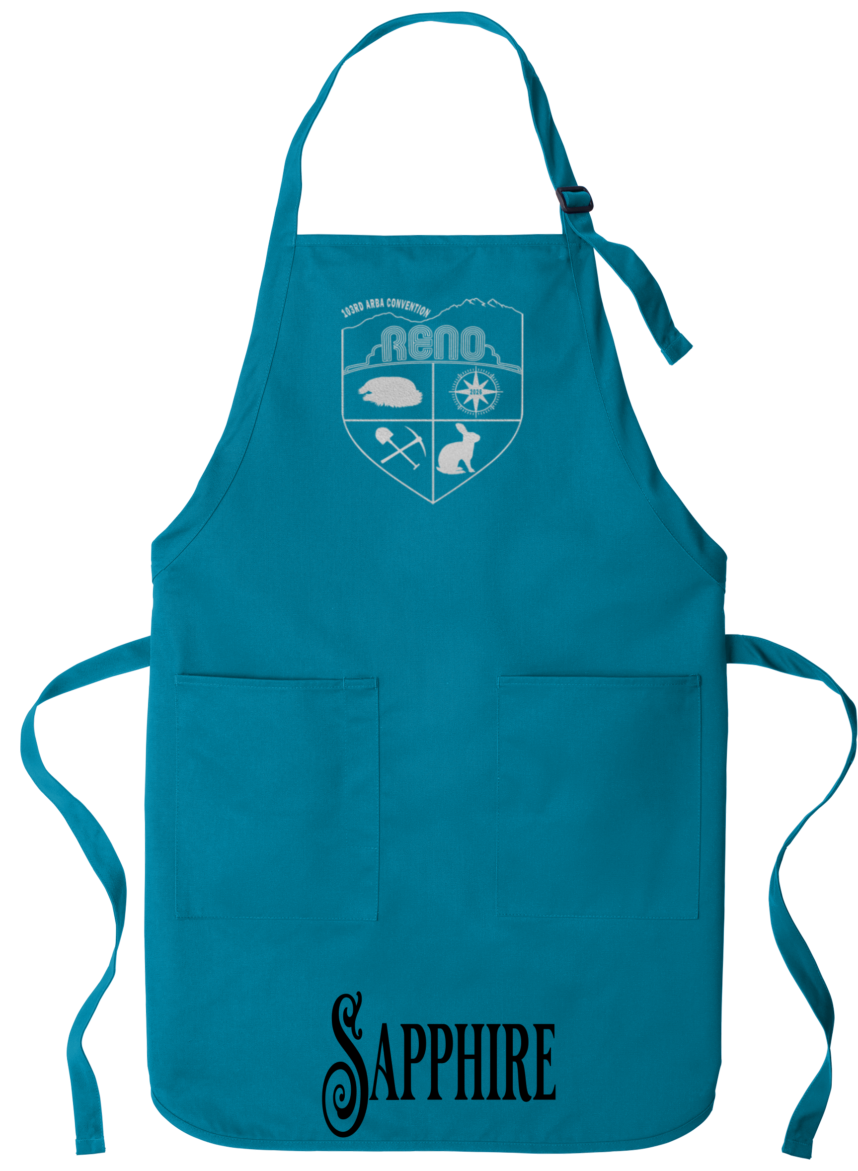 Sapphire apron with the Biggest Little Reunion crest in metallic silver - a rabbit, a cavy, a pick and shovel, and a compass under the Reno arch. 103rd ARBA Convention.