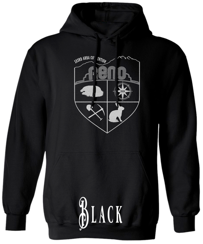 Black plus size hoodie with the Biggest Little Reunion crest in metallic silver - a rabbit, a cavy, a pick and shovel, and a compass under the Reno arch. 103rd ARBA Convention.