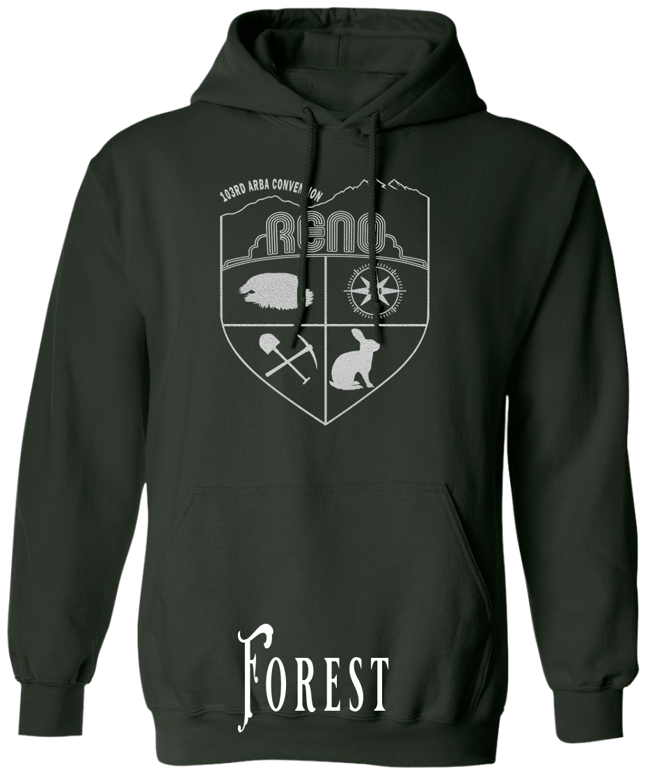 Forest plus size hoodie with the Biggest Little Reunion crest in metallic silver - a rabbit, a cavy, a pick and shovel, and a compass under the Reno arch. 103rd ARBA Convention.