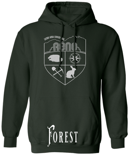Forest plus size hoodie with the Biggest Little Reunion crest in metallic silver - a rabbit, a cavy, a pick and shovel, and a compass under the Reno arch. 103rd ARBA Convention.