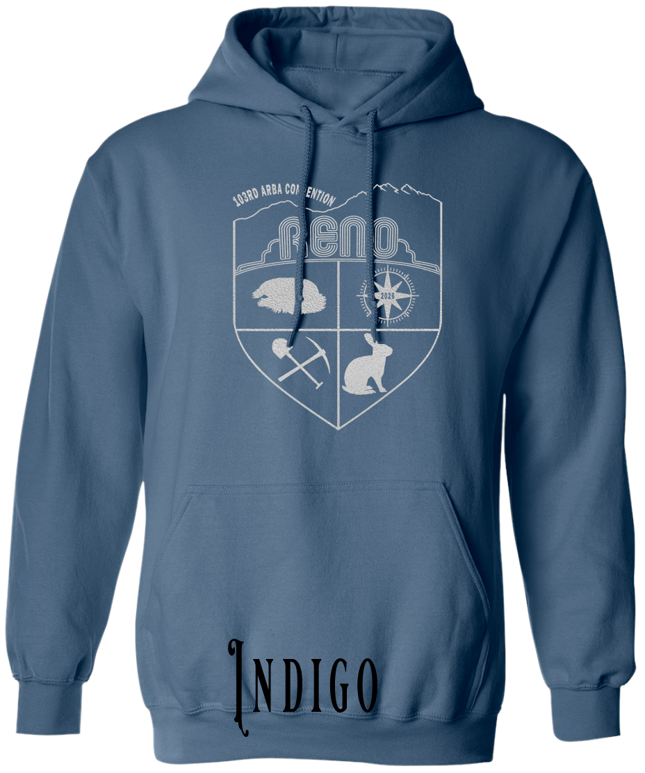 Indigo plus size hoodie with the Biggest Little Reunion crest in metallic silver - a rabbit, a cavy, a pick and shovel, and a compass under the Reno arch. 103rd ARBA Convention.