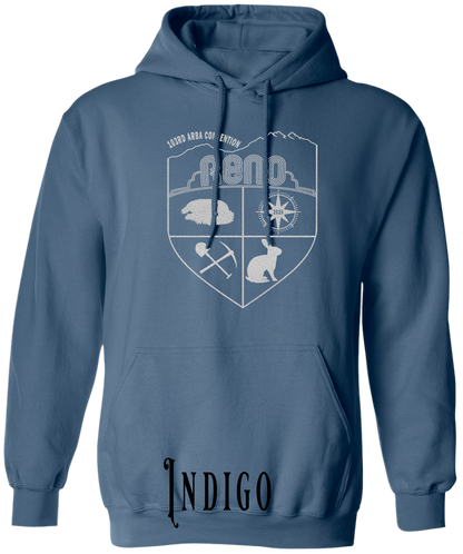 Indigo plus size hoodie with the Biggest Little Reunion crest in metallic silver - a rabbit, a cavy, a pick and shovel, and a compass under the Reno arch. 103rd ARBA Convention.