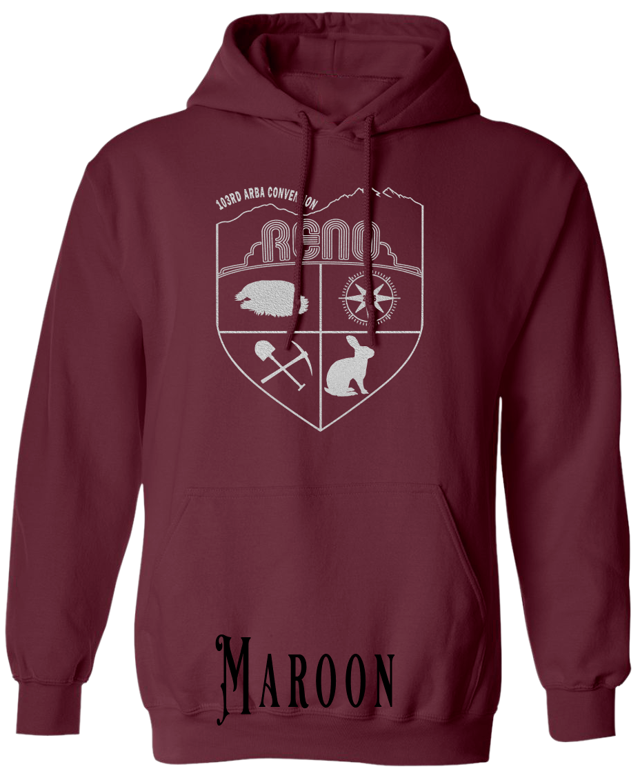 Maroon plus size hoodie with the Biggest Little Reunion crest in metallic silver - a rabbit, a cavy, a pick and shovel, and a compass under the Reno arch. 103rd ARBA Convention.