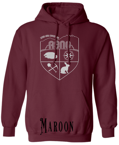 Maroon plus size hoodie with the Biggest Little Reunion crest in metallic silver - a rabbit, a cavy, a pick and shovel, and a compass under the Reno arch. 103rd ARBA Convention.