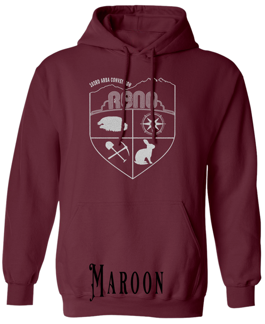 Maroon plus size hoodie with the Biggest Little Reunion crest in metallic silver - a rabbit, a cavy, a pick and shovel, and a compass under the Reno arch. 103rd ARBA Convention.