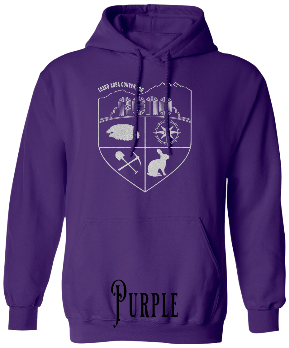 Purple plus size hoodie with the Biggest Little Reunion crest in metallic silver - a rabbit, a cavy, a pick and shovel, and a compass under the Reno arch. 103rd ARBA Convention.