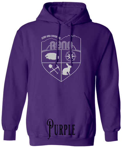 Purple plus size hoodie with the Biggest Little Reunion crest in metallic silver - a rabbit, a cavy, a pick and shovel, and a compass under the Reno arch. 103rd ARBA Convention.