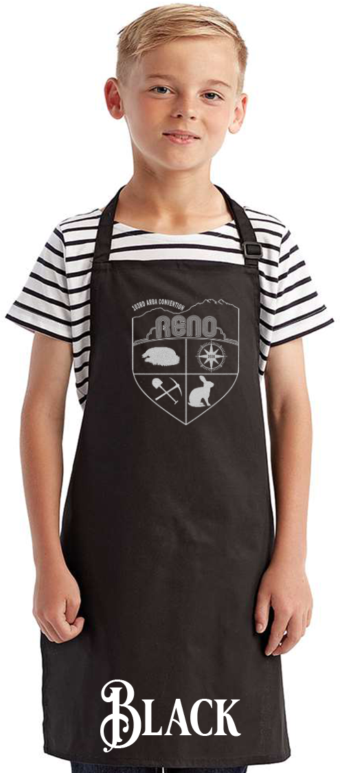 Black youth apron with the Biggest Little Reunion crest in metallic silver - a rabbit, a cavy, a pick and shovel, and a compass under the Reno arch. 103rd ARBA Convention.