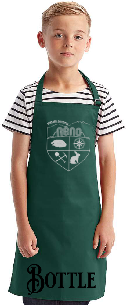 Bottle youth apron with the Biggest Little Reunion crest in metallic silver - a rabbit, a cavy, a pick and shovel, and a compass under the Reno arch. 103rd ARBA Convention.