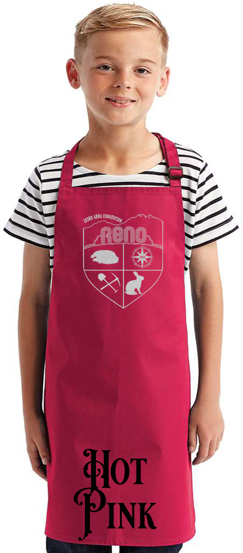 Hot Pink youth apron with the Biggest Little Reunion crest in metallic silver - a rabbit, a cavy, a pick and shovel, and a compass under the Reno arch. 103rd ARBA Convention.