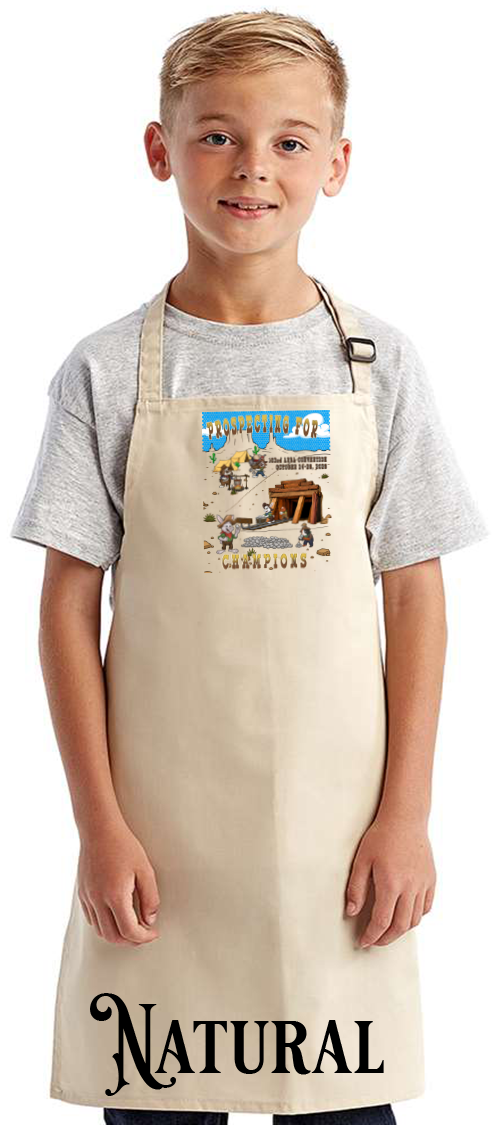 Natural youth apron with the Prospecting for Champions design on the bib, showing cartoon rabbit and cavy prospectors working a silver claim. 103rd ARBA Convention, Reno.