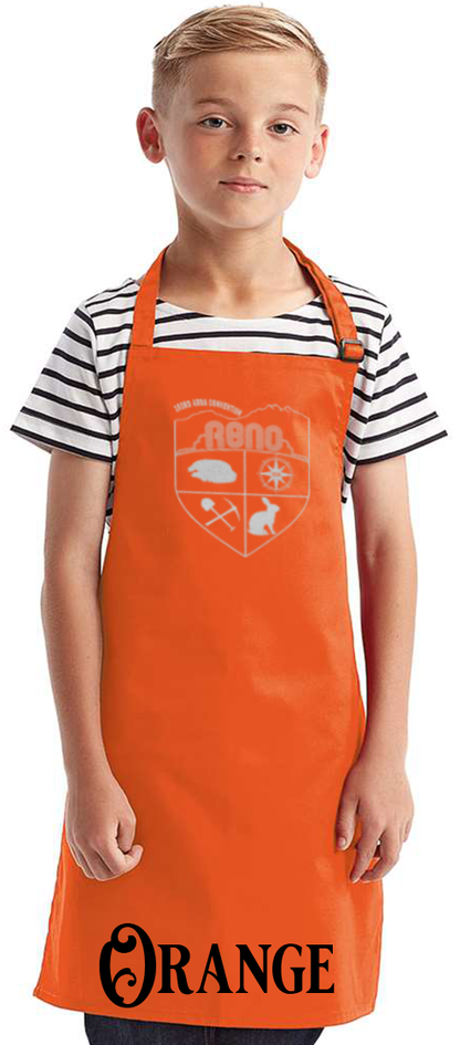 Orange youth apron with the Biggest Little Reunion crest in metallic silver - a rabbit, a cavy, a pick and shovel, and a compass under the Reno arch. 103rd ARBA Convention.