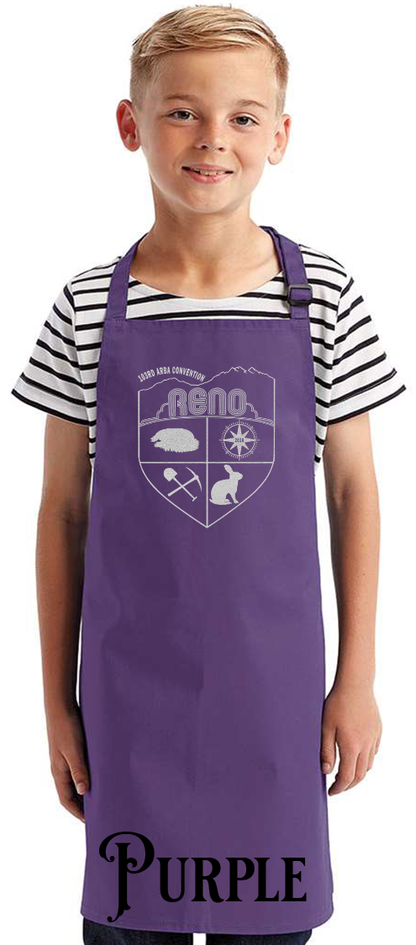 Purple youth apron with the Biggest Little Reunion crest in metallic silver - a rabbit, a cavy, a pick and shovel, and a compass under the Reno arch. 103rd ARBA Convention.