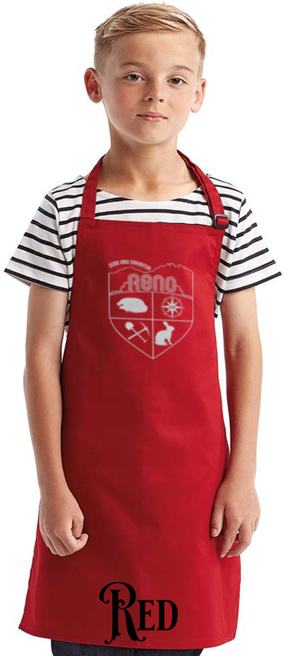 Red youth apron with the Biggest Little Reunion crest in metallic silver - a rabbit, a cavy, a pick and shovel, and a compass under the Reno arch. 103rd ARBA Convention.
