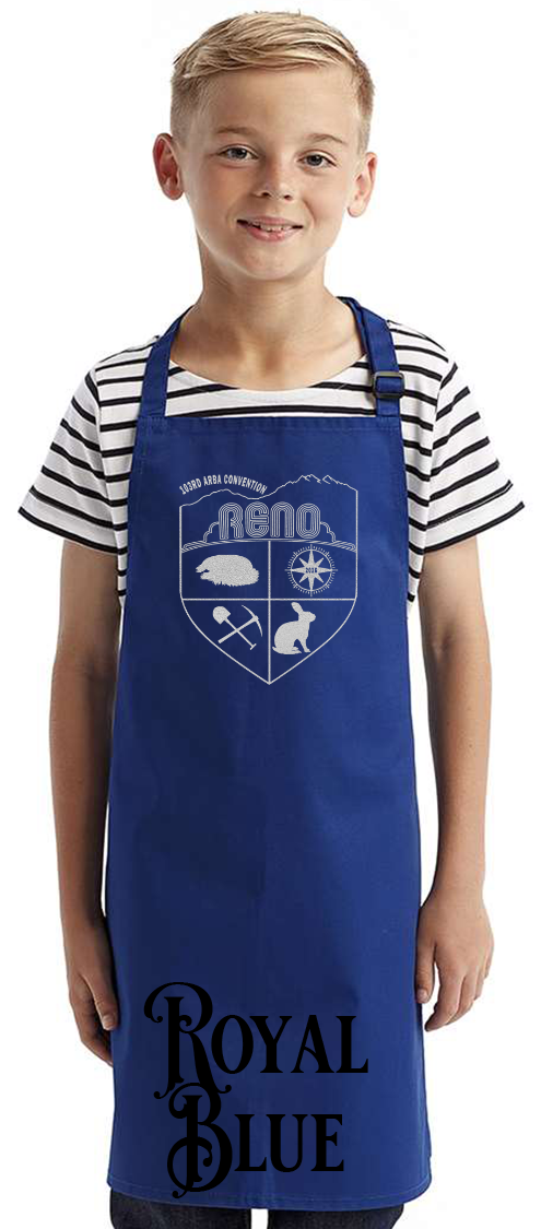 Royal Blue youth apron with the Biggest Little Reunion crest in metallic silver - a rabbit, a cavy, a pick and shovel, and a compass under the Reno arch. 103rd ARBA Convention.