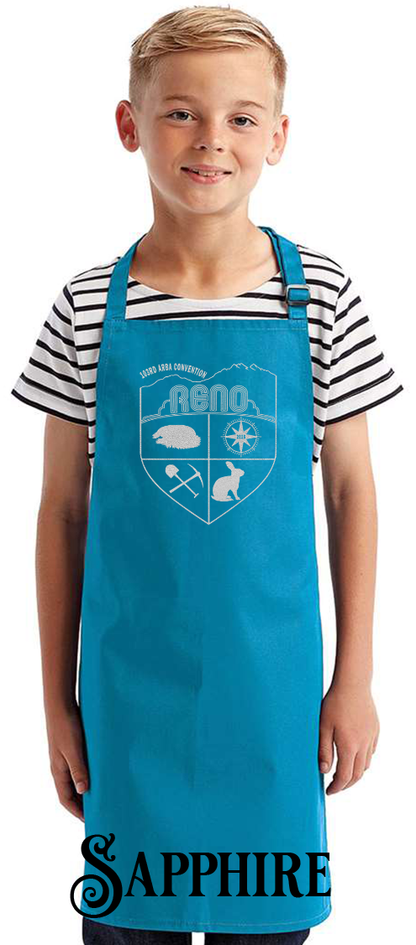 Sapphire youth apron with the Biggest Little Reunion crest in metallic silver - a rabbit, a cavy, a pick and shovel, and a compass under the Reno arch. 103rd ARBA Convention.