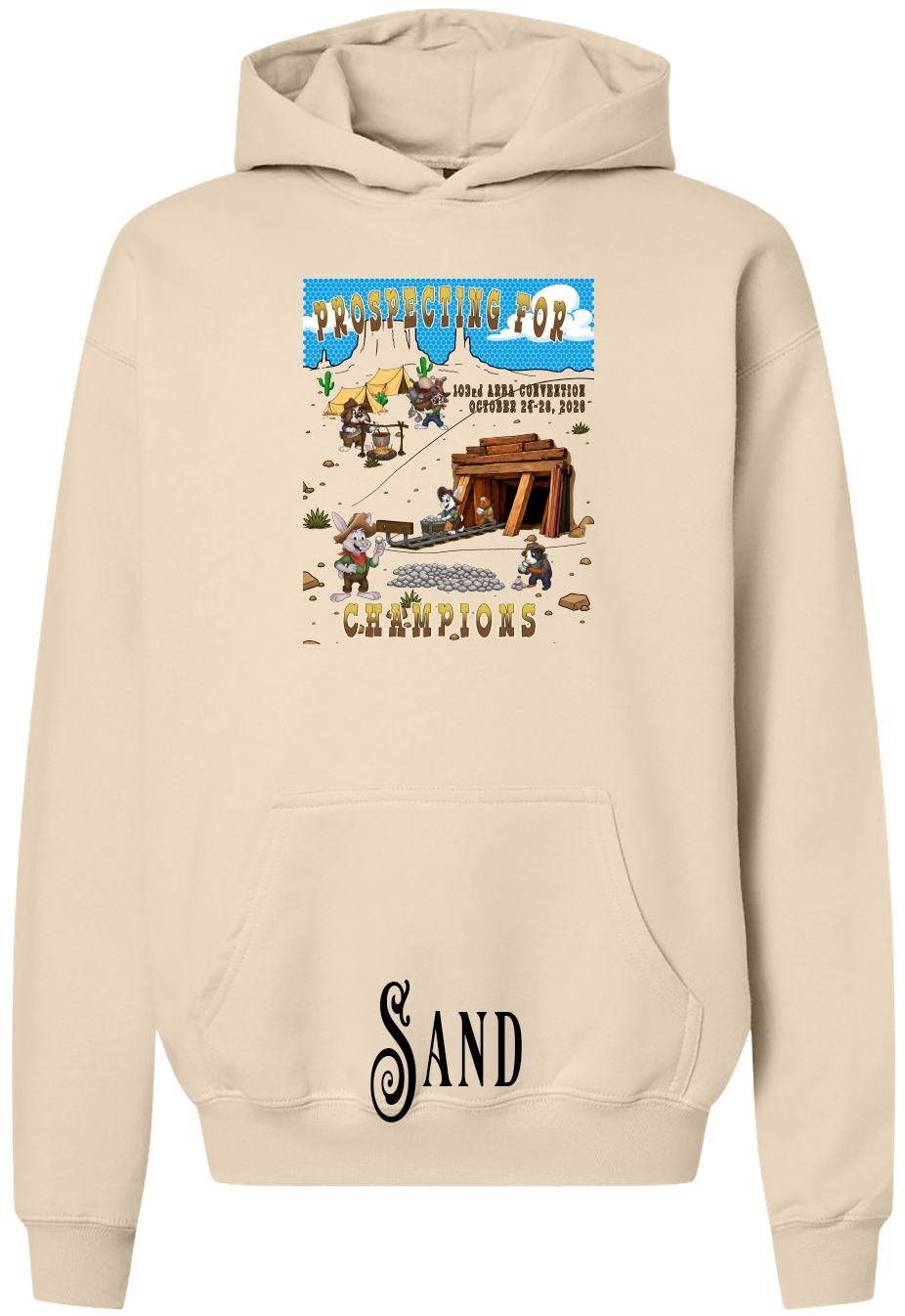Sand youth hoodie with the Prospecting for Champions design on the chest, showing cartoon rabbit and cavy prospectors working a silver claim. 103rd ARBA Convention, Reno.