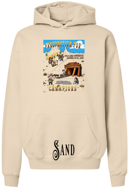 Sand youth hoodie with the Prospecting for Champions design on the chest, showing cartoon rabbit and cavy prospectors working a silver claim. 103rd ARBA Convention, Reno.