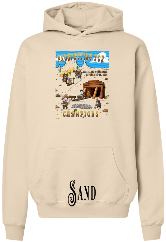 Sand youth hoodie with the Prospecting for Champions design on the chest, showing cartoon rabbit and cavy prospectors working a silver claim. 103rd ARBA Convention, Reno.